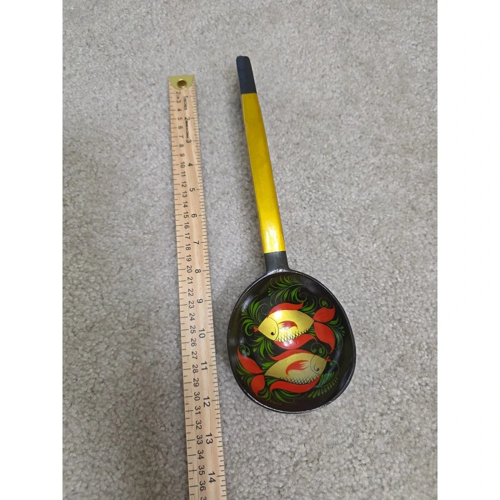 Vintage Russian Khokhloma Wooden Spoon Hand Painted Fish Folk Art Lacquer 14Inch